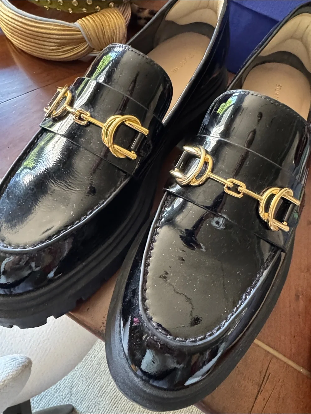 Stuart Weitzman Black Patent Loafer with Gold Chain | Size 39.5